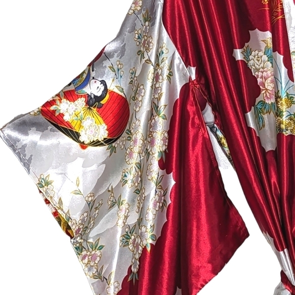 Vintage Satin Authentic Japanese Kimono Open Front Sash Tie Red White Maxi OS - Picture 7 of 13